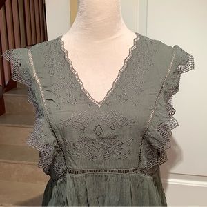 ADIVA. Olive green, V-neck, crochet, and embroidered sleeveless mini dre…